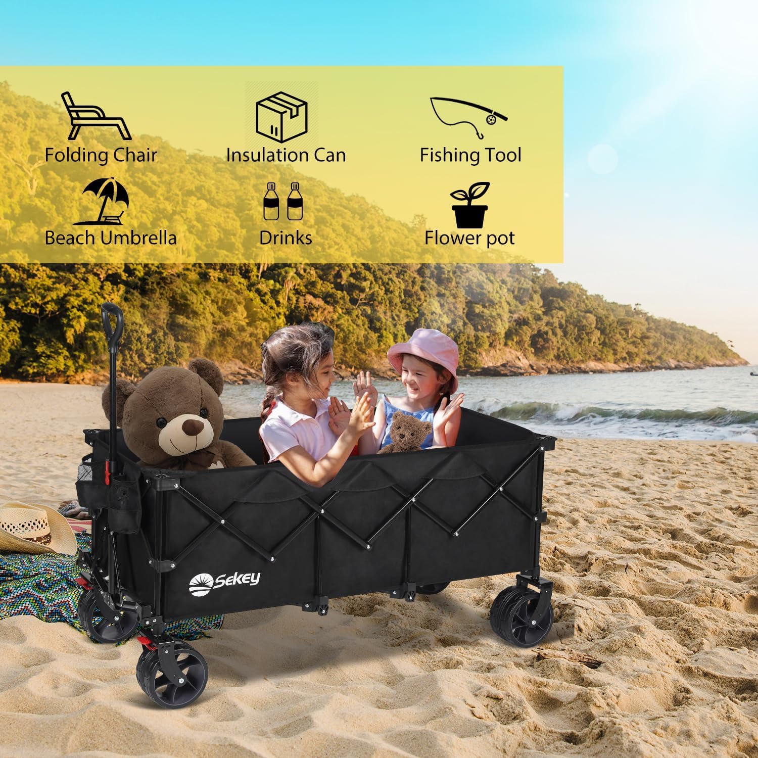 Sekey 48 Inch Long Foldable Extended Travel Cart, 440 Lbs Load Capacity, Heavy Duty 300 Liter Folding Multi-Purpose Garden Cart