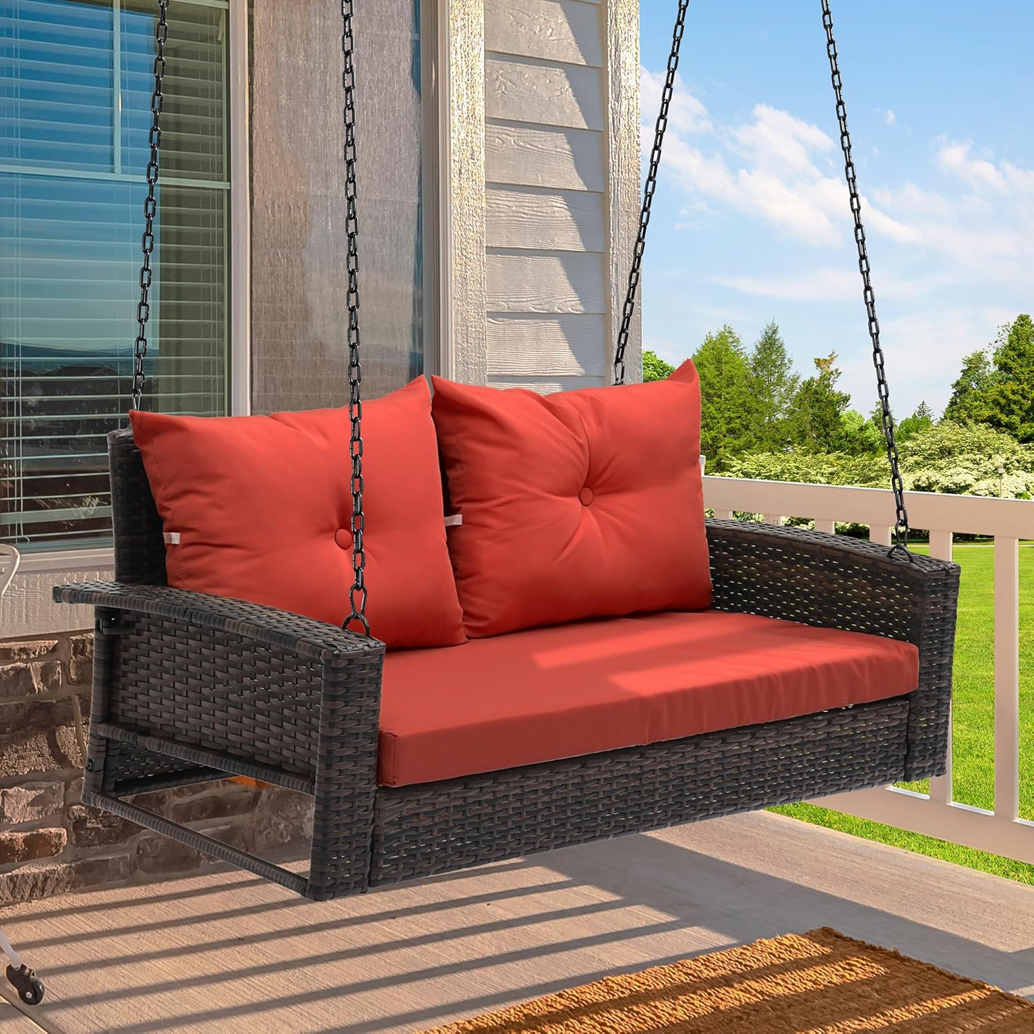 YITAHOME Hanging Porch Swing Chair Sits 3 People, Wicker Outdoor Swing Bench, Patio Lounge Chair, 1 Seating Cushion and 3 Back Cushions, w/Removable Covers, for Garden, Balcony, Backyard, Brown