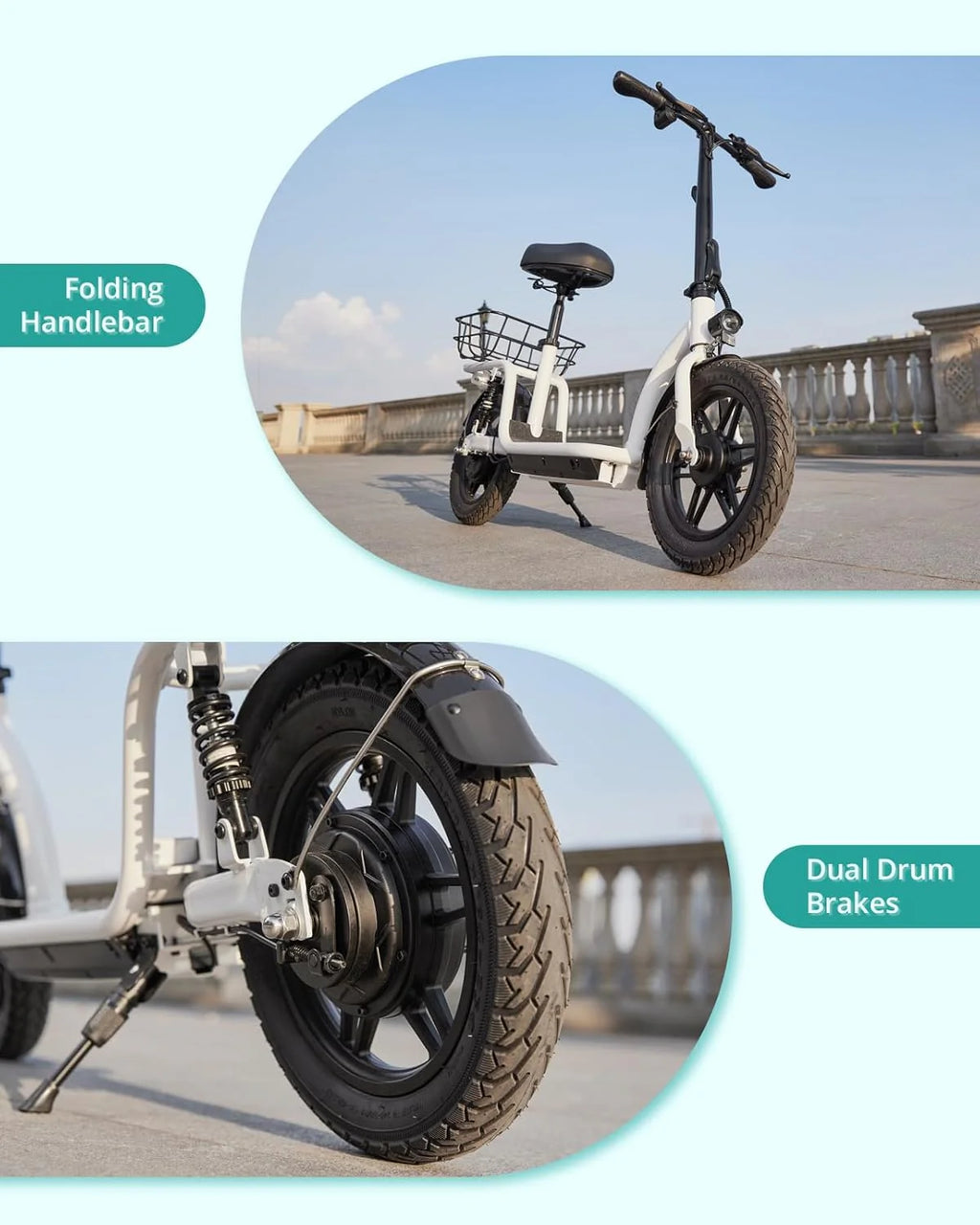 Gotrax adult electric scooter with seat, maximum range of 19-25 miles, all-terrain tires, wide pedals, padded seat, and carrycot