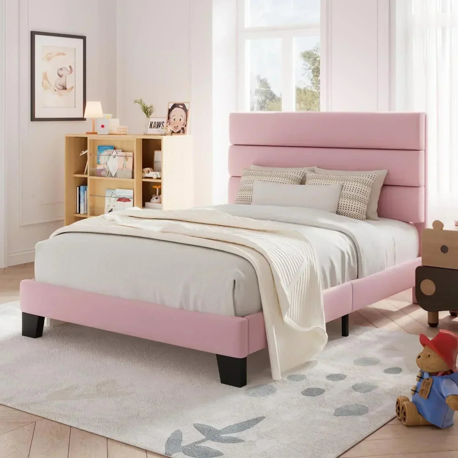 Allewie King size platform bed frame with velvet upholstered headboard and planks