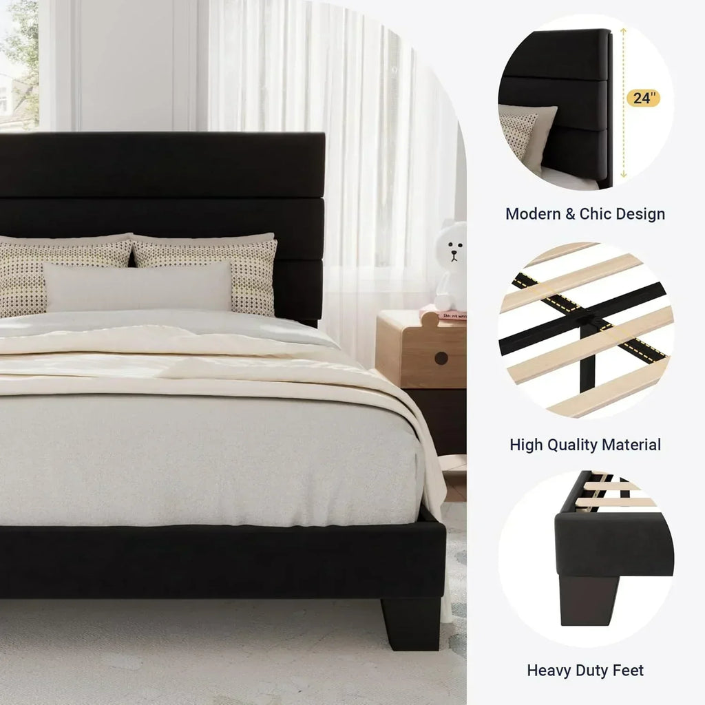 Allewie Queen Size Platform Bed Frame with Fabric Upholstered Headboard Wooden Slats Support