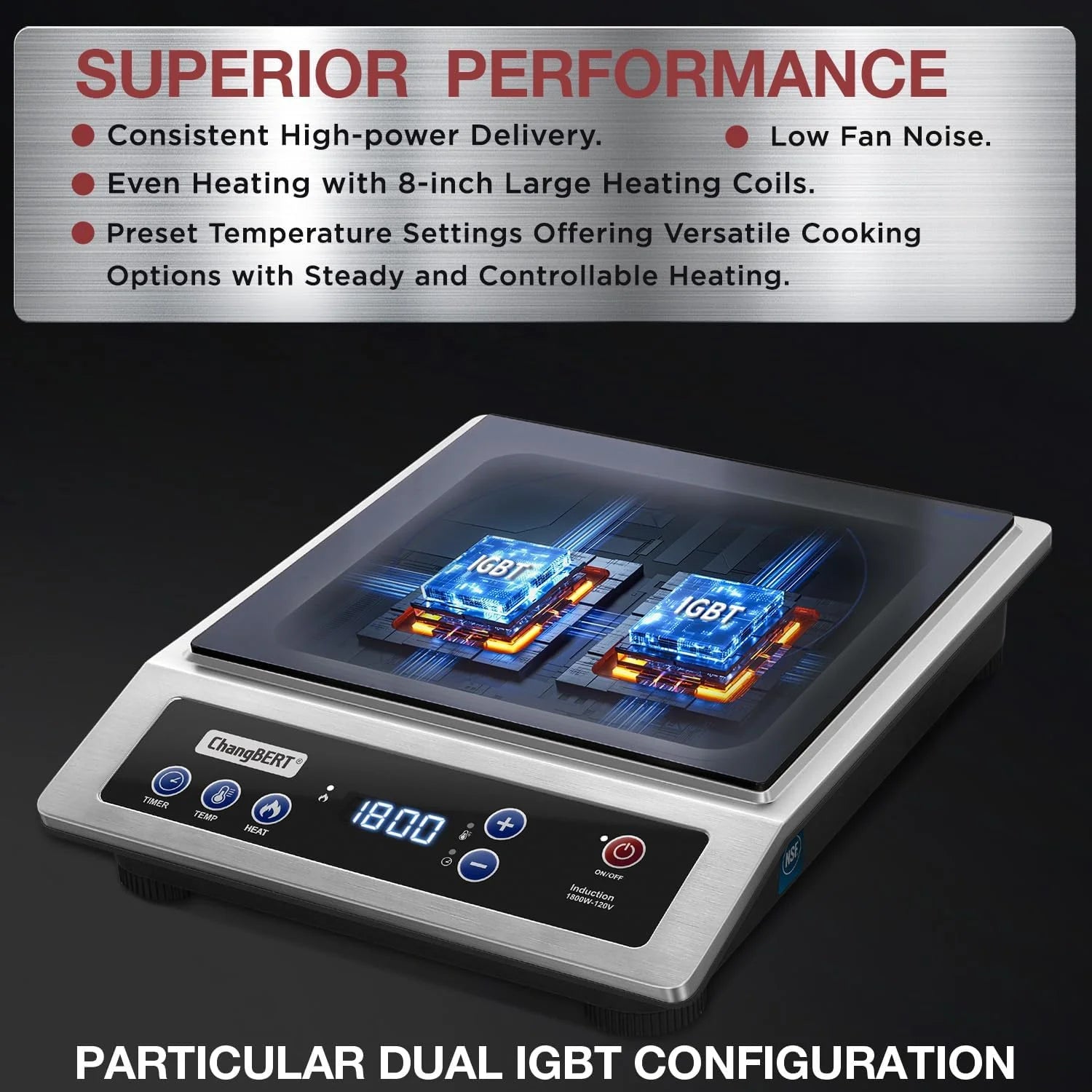 Induction Cooktop Portable Cooker with Large 8-inch Heating Coil Stainless Steel Countertop Burner