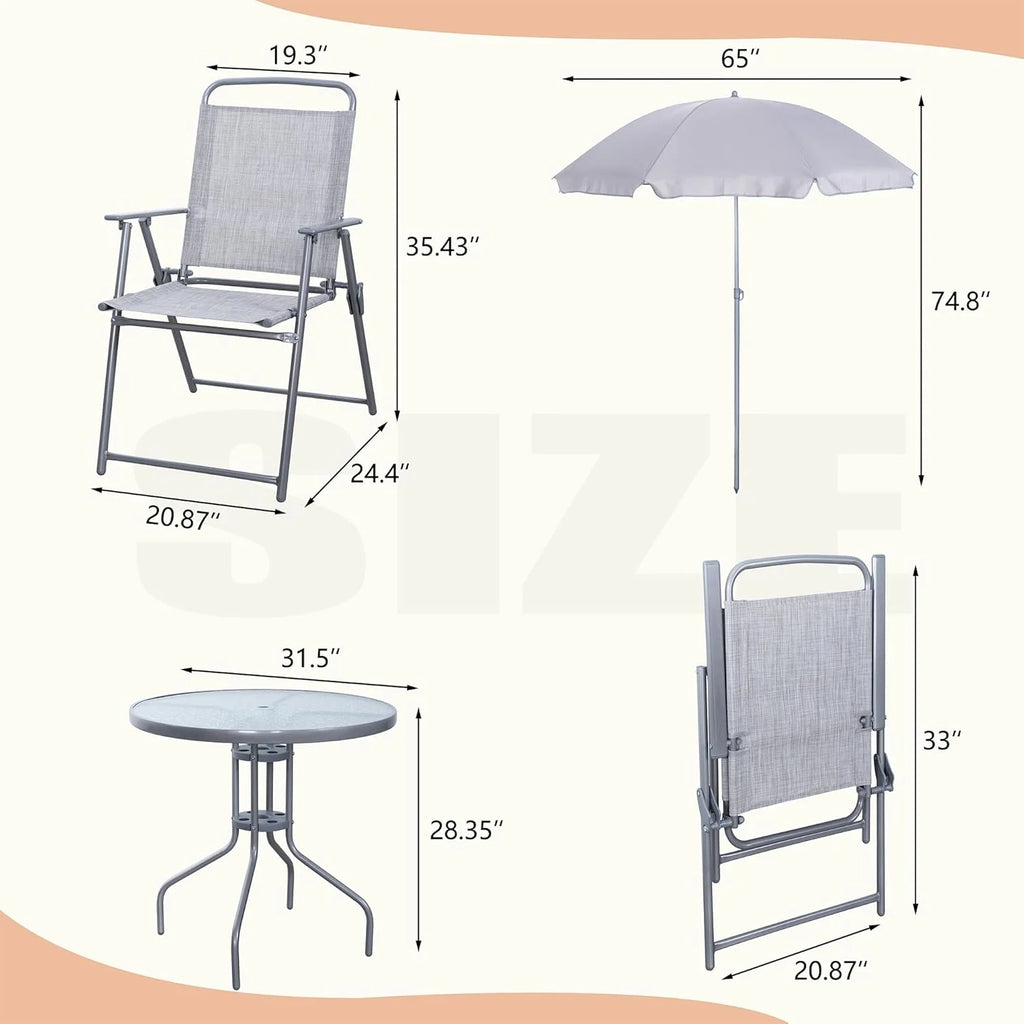 Vongrasig 6 Piece Folding Patio Dining Set,Small Metal Outdoor Garden Patio Table and Chair Set w/Umbrella for Lawn,Deck,Backyard,Black