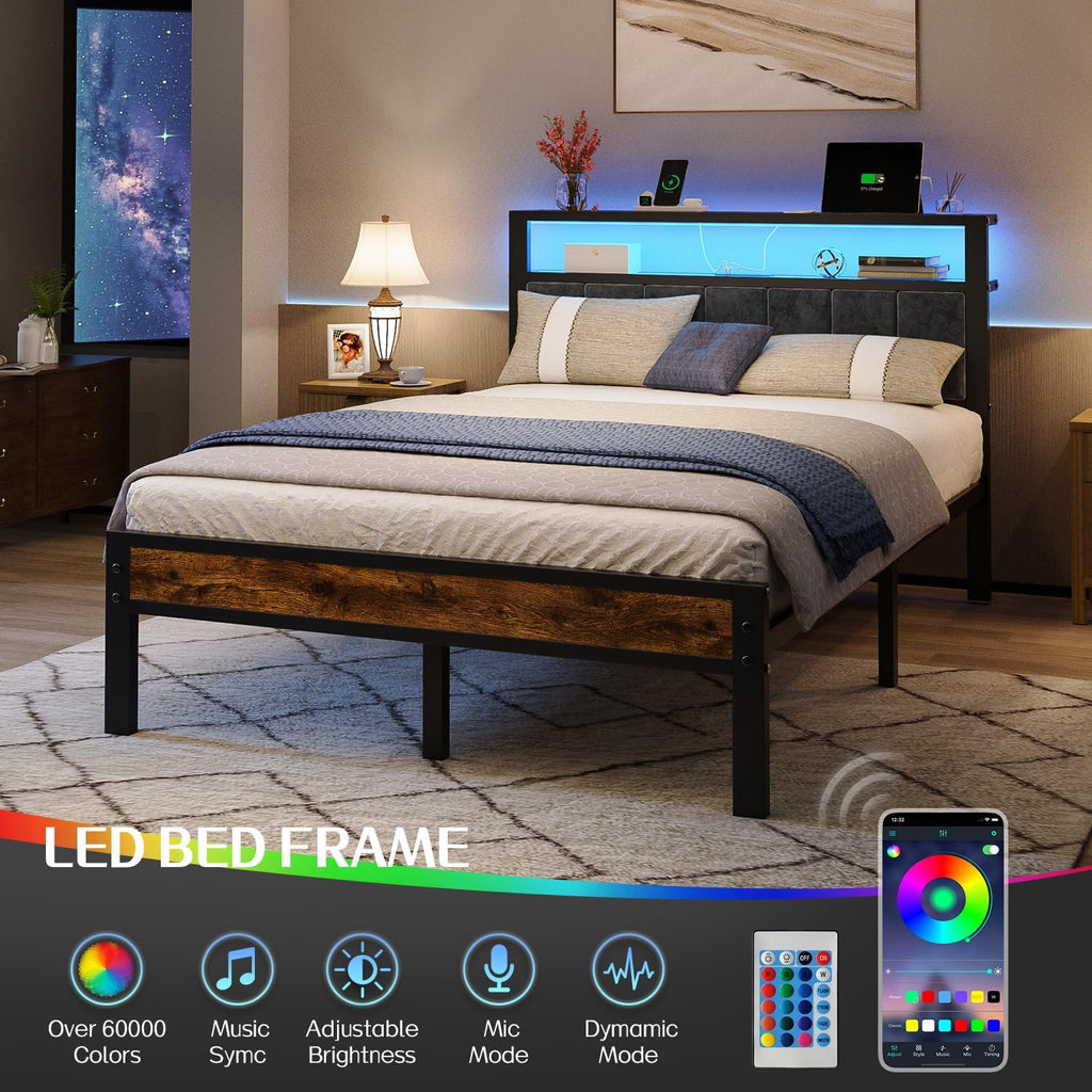 Queen Size Bed Frame with 2-Tier Storage Shelves Headboard Platform Bed Charging Station
